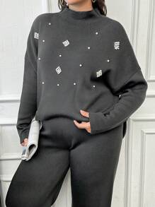 SHEIN Cottnline Women's Pearl Beaded Knit Sweater 2pcs/Set Formal Vacation Black Autumn Casual Elegant - Dark Grey - View 3