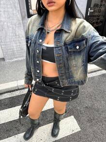 SHEIN EZwear Plus Size Front Button Long Sleeve Pocket Simple Casual Denim Jacket - Blue - View 6