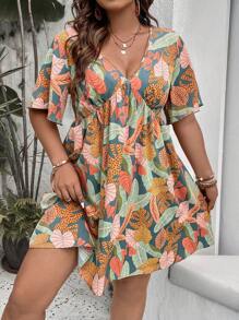 SHEIN Clasi Plus Tropical Print Plunging Neck Summer Boho Dress - Multicolor - View 6