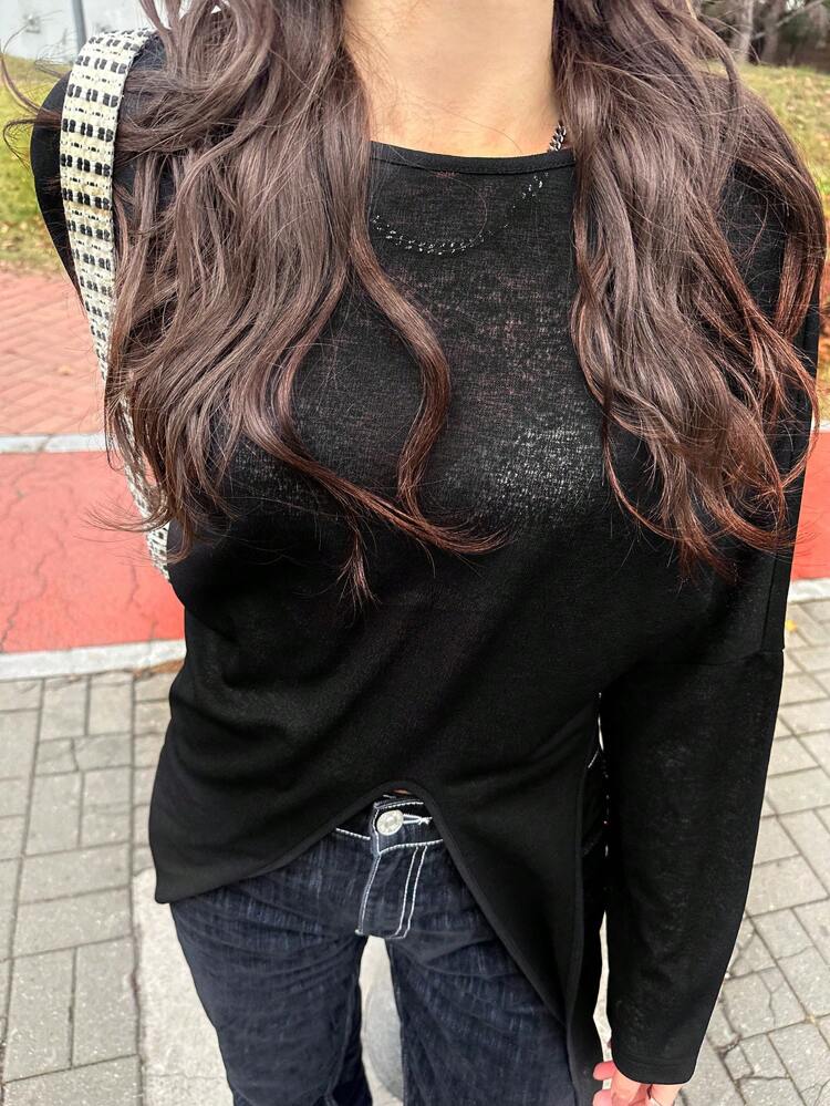 Women Casual Solid Color Asymmetrical Hem Top, Autumn Long Sleeve Women Tops
