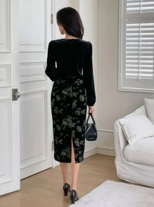 DAZY 女士中长款天鹅绒连衣裙，收腰设计，适合作为外套内的分层单品，秋季连衣裙长袖连衣裙 - 黑色 - 查看 5