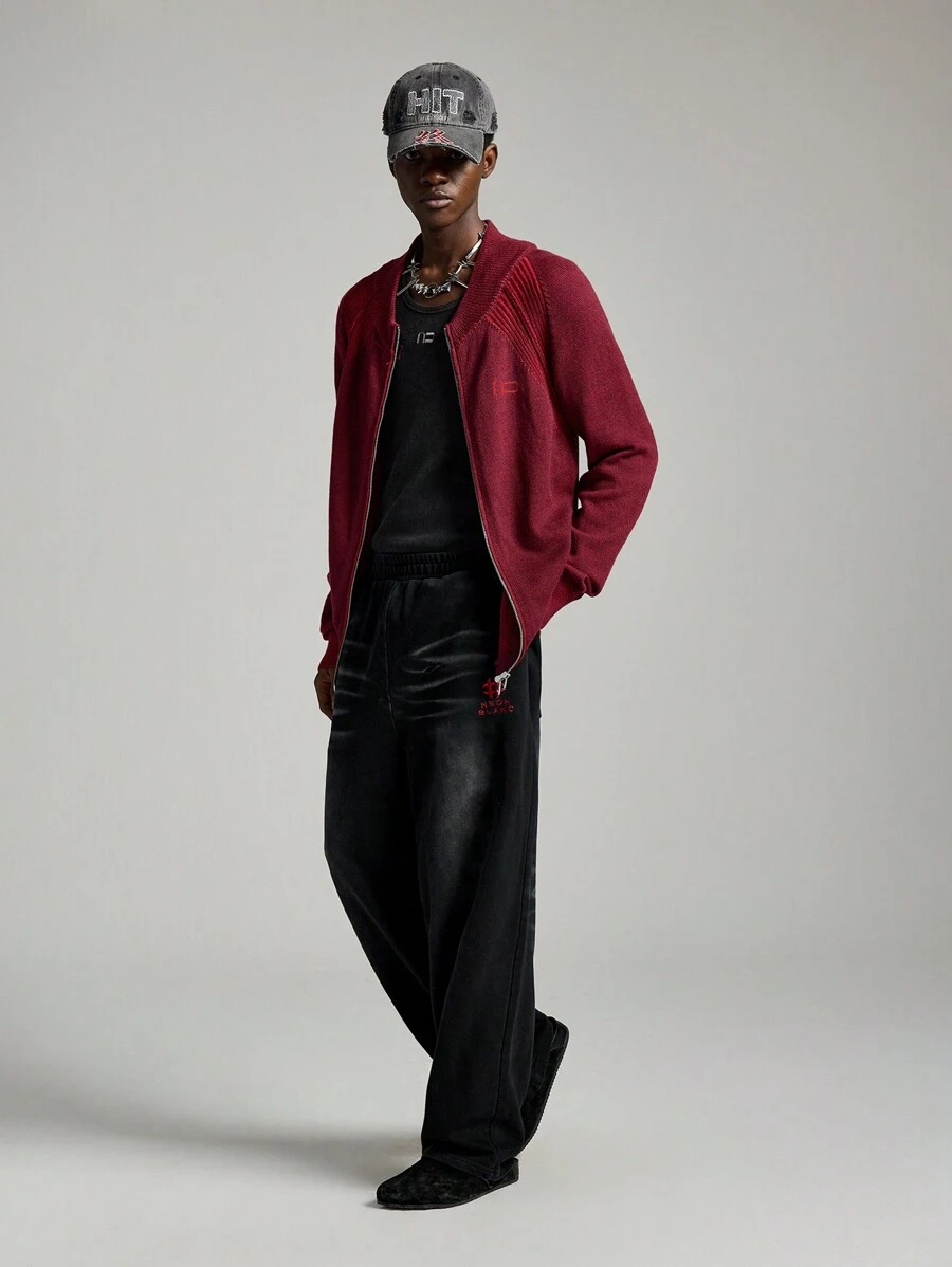 Manfinity VCAY Suéter de manga larga con cuello alto negro, estilo callejero, con bordado de letras, para otoño e invierno - Rojo - Ver 1