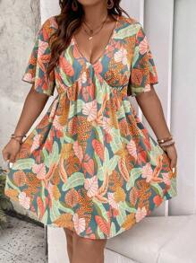 SHEIN Clasi Plus Tropical Print Plunging Neck Summer Boho Dress - Multicolor - View 7