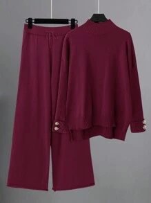 SHEIN LUNE Plus Size Women's Round Neck Button Decor Pullover & Wide Leg Pants 2 Pieces Set, Casual Loose Autumn/Winter Knit Suit - Burgundy - View 1