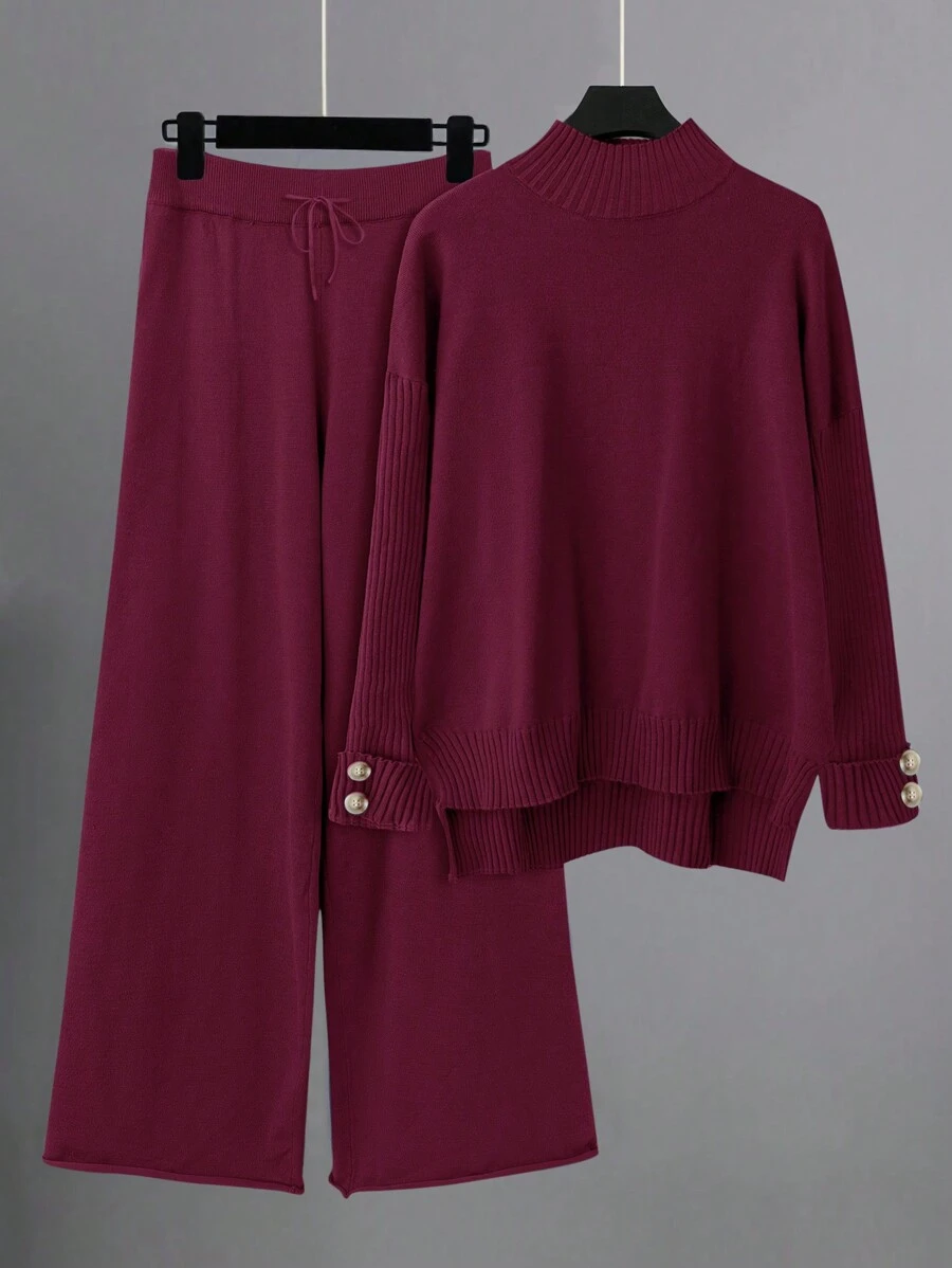 SHEIN LUNE Plus Size Women's Round Neck Button Decor Pullover & Wide Leg Pants 2 Pieces Set, Casual Loose Autumn/Winter Knit Suit - Burgundy - View 1