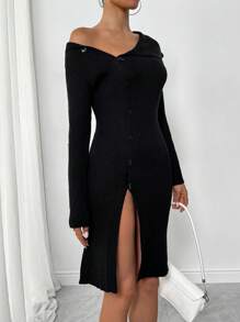 Chiquease 优雅纯色不对称领开衩毛衣裙，秋冬 - 黑色 - 查看 3