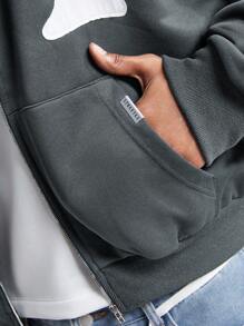 Manfinity VCAY Men's Printed Loose Knit Long Sleeve Open Front Hoodie Sweatshirt, For Fall Winter - Dark Grey - View 4