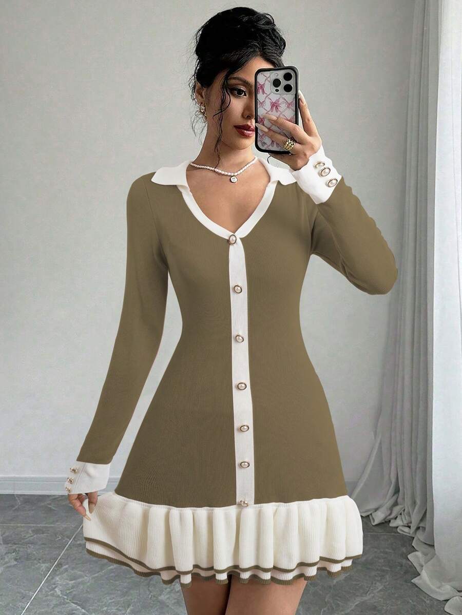 Chiquease Casual Colorblock Ruffle Hem Knit Sweater Dress, Autumn/Winter Fall Cloth For Women - Khaki - View 1
