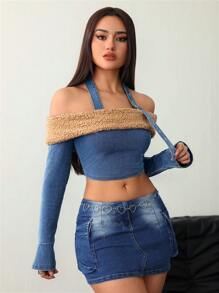 SHEIN ICON Women's Blue Denim Top One Shoulder Top Y2k Clothes Crop Tops