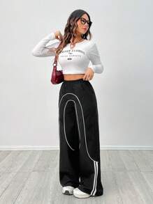 SHEIN PETITE Mädchen Schule-Freizeit Gewobenes Band Schwarz Weite Bein Jogginghose