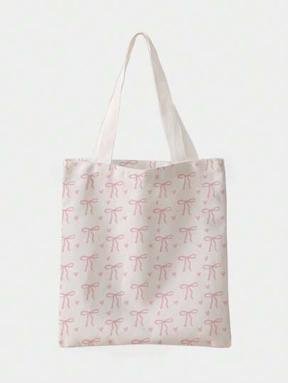 Kawaii Bow & Heart Pattern Double-Sided Print Shoulder Canvas Tote Bag, Artistic Style School Bag & Book Bag For Women Or Students, Perfect For Books, Shopping, Back To School And More, Fashionable Bow Purse For Women, Cute Bow Bag For Women