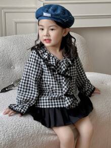 DAZY 年轻女孩格子长袖荷叶边下摆简约时尚休闲日常衬衫 - 黑與白 - 查看 5