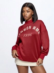 SUMWON WOMEN Retro Varsity Style Sweatshirt Oversized Mock Neck Autumn Winter Casual Pullover Athletic University College Style Long Sleeve Streetwear - Red - View 3