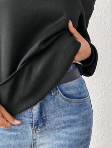 SHEIN PETITE Fleece Oblique Collar Pullover Sweatshirt Fall - Black - View 6