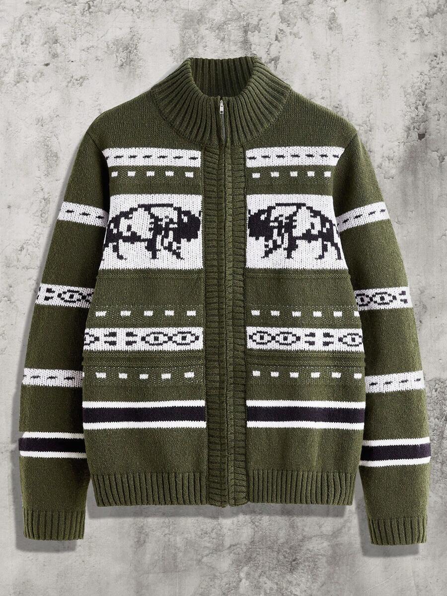Manfinity VCAY Men's Casual Contrast Color Animal & Geometric Print Zip-Up Long Sleeve Cardigan - Multicolor - View 1