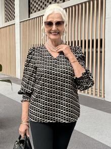 Miaspire Women's V-Neck Long Sleeve Light Geometric Print Blouse, For Party Occasion