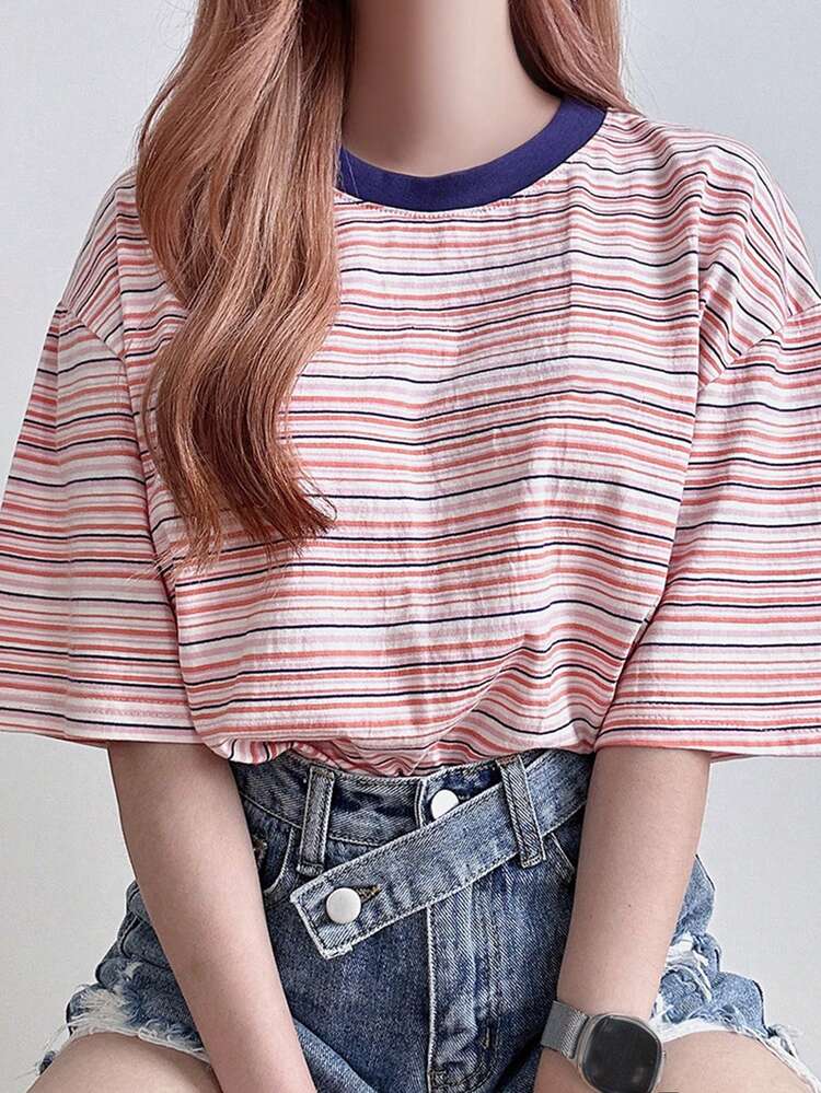 Women Contrast Color Block Round Neck Loose Striped T-Shirt, Pink, Spring/Summer Preppy Tops