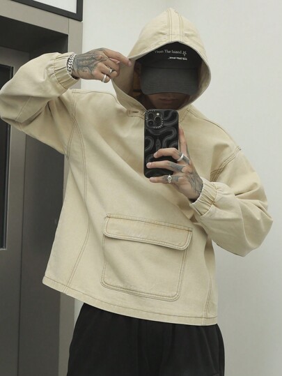 Claim Dot Plus Size Men Long Sleeve Pocket Minimalist Casual Hooded Denim Jacket, Fall