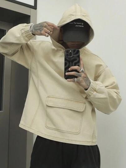 Claim Dot Plus Size Men Long Sleeve Pocket Minimalist Casual Hooded Denim Jacket, Fall