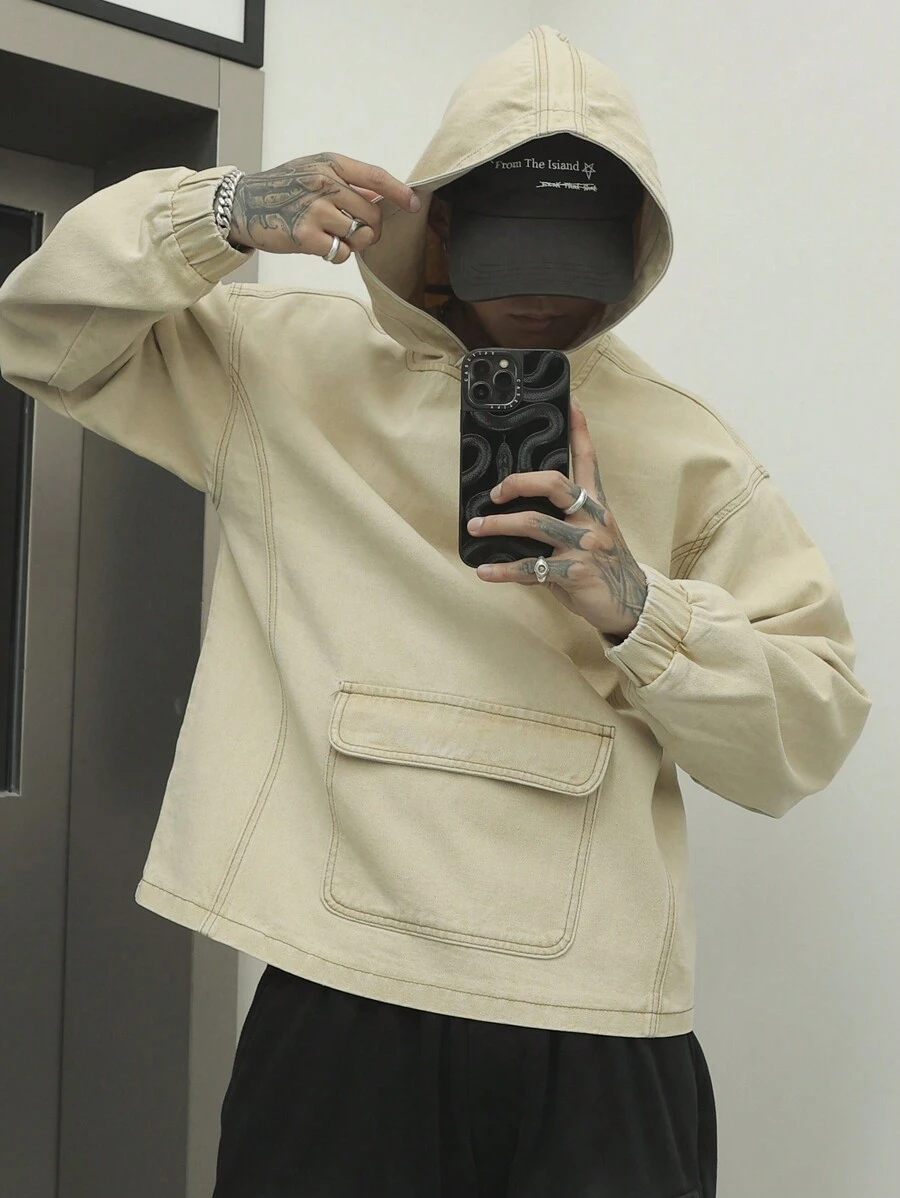 Manfinity Hypemode Herren Große Größen Langarm Tasche Minimalistisch Lässig Kapuzen Denim Jacke, Herbst - Gelb - Übersicht 1