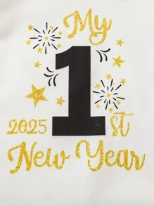 1st New Year 3pcs/Set Baby Boy Bodysuit, Pants, Hat, Holiday Festive Color-Blocking & Pattern, White With Black & Gold