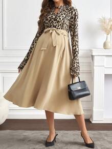 SHEIN Maternity Contrast Leopard Round Neck Long Sleeve Tie Front Casual Dress - Multicolor - View 4