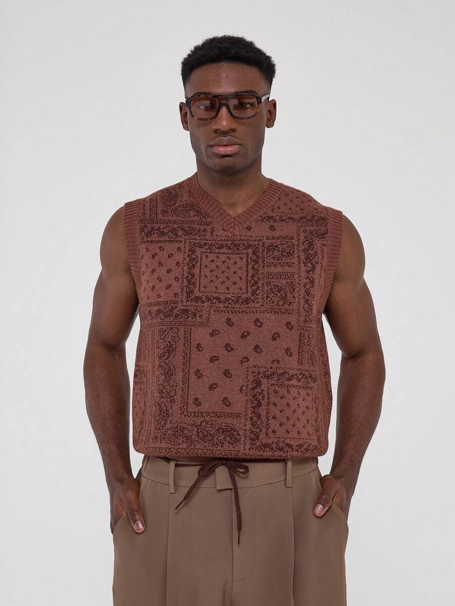 Musero Knit Paisley Sweater Vest - Brown - View 1