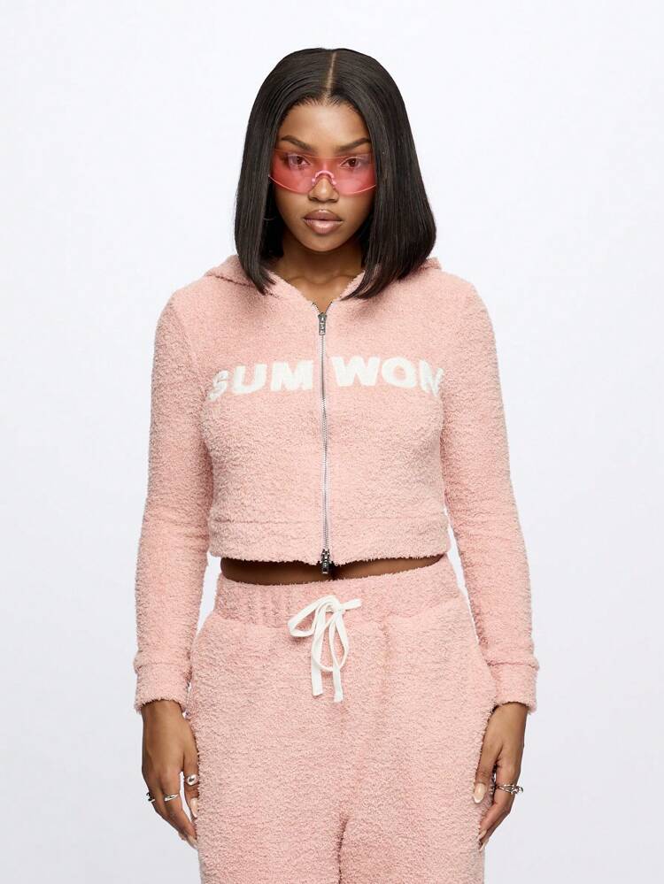 SUMWON WOMEN Fluffy Knit Cozy Cropped Zip Up Sweatshirt