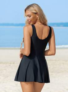 Swim Lushoire 2pcs Women Solid-Color Mesh Panel Tie Up Top And High Waist Bottoms Swimsuit Set Summer - Black - View 3