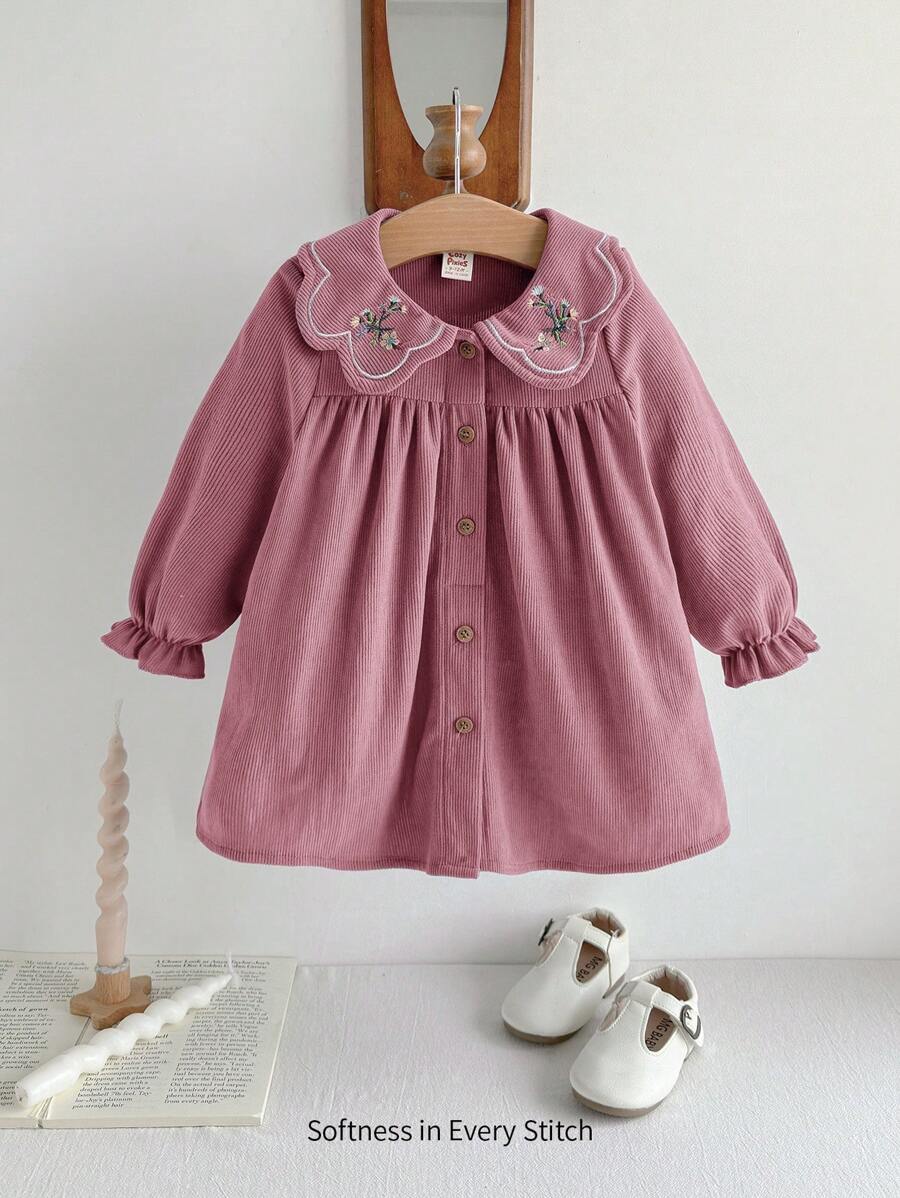 Cozy Pixies 女婴植物花卉印花荷叶边领长袖高腰连衣裙 - 粉色 - 查看 1