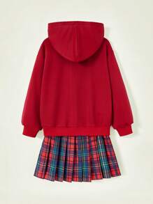 SHEIN Explorewe Tween Girls Casual Chic Letter Print Jacket And Plaid Pleated Skirt 2 Pieces Set - Red - View 2