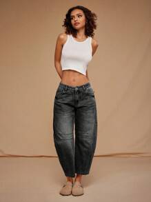 Forever 21 Autumn/Winter New Low-Rise Carrot Fit Faded Light Wash 7/8 Length Personalized Street Style Loose Fit Jeans - Black - View 4