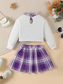 SHEIN 2 件女童格子罩衫领运动衫 + 格子裙套装，春/秋 - 白色 - 查看 2