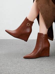 CUCCOO BIZCHIC Women's Solid Color Pointed Toe Buckle Wedge Ankle Boots, Suitable For Autumn And Winter New Year Holiday Valentines - Brown - View 4