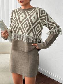 EURMUSE Traditional Pattern Round Neck Sweater With Tassel & Mini Sweater Skirt Co-Ords - Camel - View 3