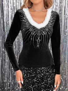 SHEIN Clasi Women's V-Neck Rhinestone Embellished Christmas Feather Graphic Fitted Party T-Shirt - Black and White - View 5
