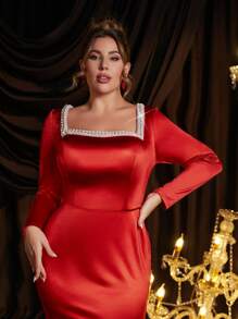 Glamrae Vestido de noche formal de talla grande, elegante y lujoso, con escote cuadrado sexy, top con bordado de cadena, copa del busto de satén, falda con cola de pez y caída