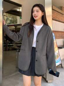 INAWLY 1 件女士休闲优雅保暖宽松纽扣长袖夹克，秋冬 - 深灰色 - 查看 5