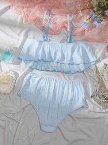 青少年女孩罗纹饰边和波浪边休闲内衣套装 - 藍色 - 查看 2