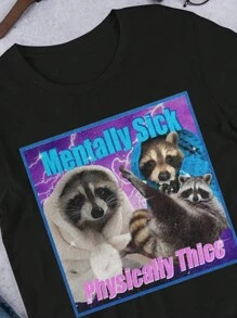 有趣的英国浣熊图案圆领男式表情包印花T恤