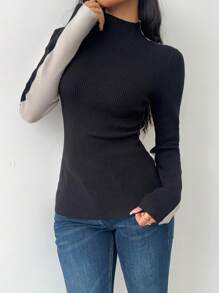 SHEIN BASICS Women's Solid Color Patchwork Stand Collar Long Sleeve Casual Sweater - Black and White - View 5