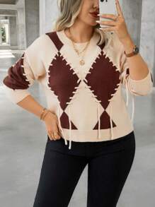 Calvaya Damen Pullover in Große Größen mit kontrastierendem Argyle-Muster, Rundhalsausschnitt, Strick, Herbst-Winter - Beige - Übersicht 3