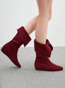 CUCCOO BIZCHIC 女士优雅通勤仿麂皮红色靴子，配有金属扣尖头平底中筒靴 - 玫紅色 - 查看 4