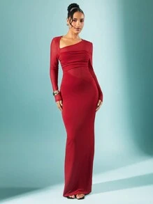 Hauture Asymmetric Long Sleeve Bodycon Mesh New Year Holiday Part Maxi Dress - Red Violet - View 4