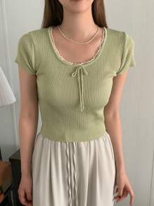 DAZY Women Lace Patchwork Round Neck Simple Green Knit Top - Green - View 3