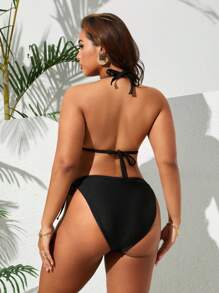 Swim SXY Plus Size 2pcs Solid Color Spaghetti Strap Triangle Cup Ruffled Design Bikini Swimwear Set Summer - Black - View 2