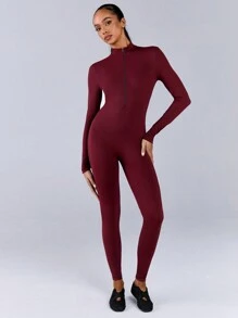 Athîral Mono ajustado de manga larga con cremallera delantera de unicolor para mujer - Burdeos - Ver 3