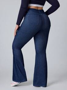 Flexra 大码女式弹力蓝色时尚修身针织喇叭牛仔裤 - 藍色 - 查看 2