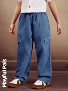 SHEIN 1 pieza Pantalones rectos con bolsillo lateral para niños pequeños, pantalones de color liso casual aptos para cualquier ocasión, básicos y lindos/vintage/casuales para la escuela y exteriores, atuendos de primavera/verano - Azul - Ver 5