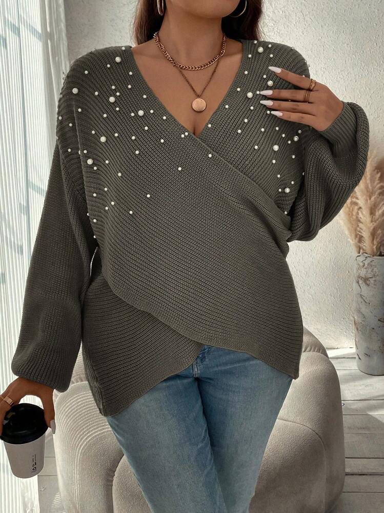 SHEIN Clasi Plus Size Cross-Wrap Embellished Beaded Casual Sweater, Autumn/Winter - Dark Grey - View 3